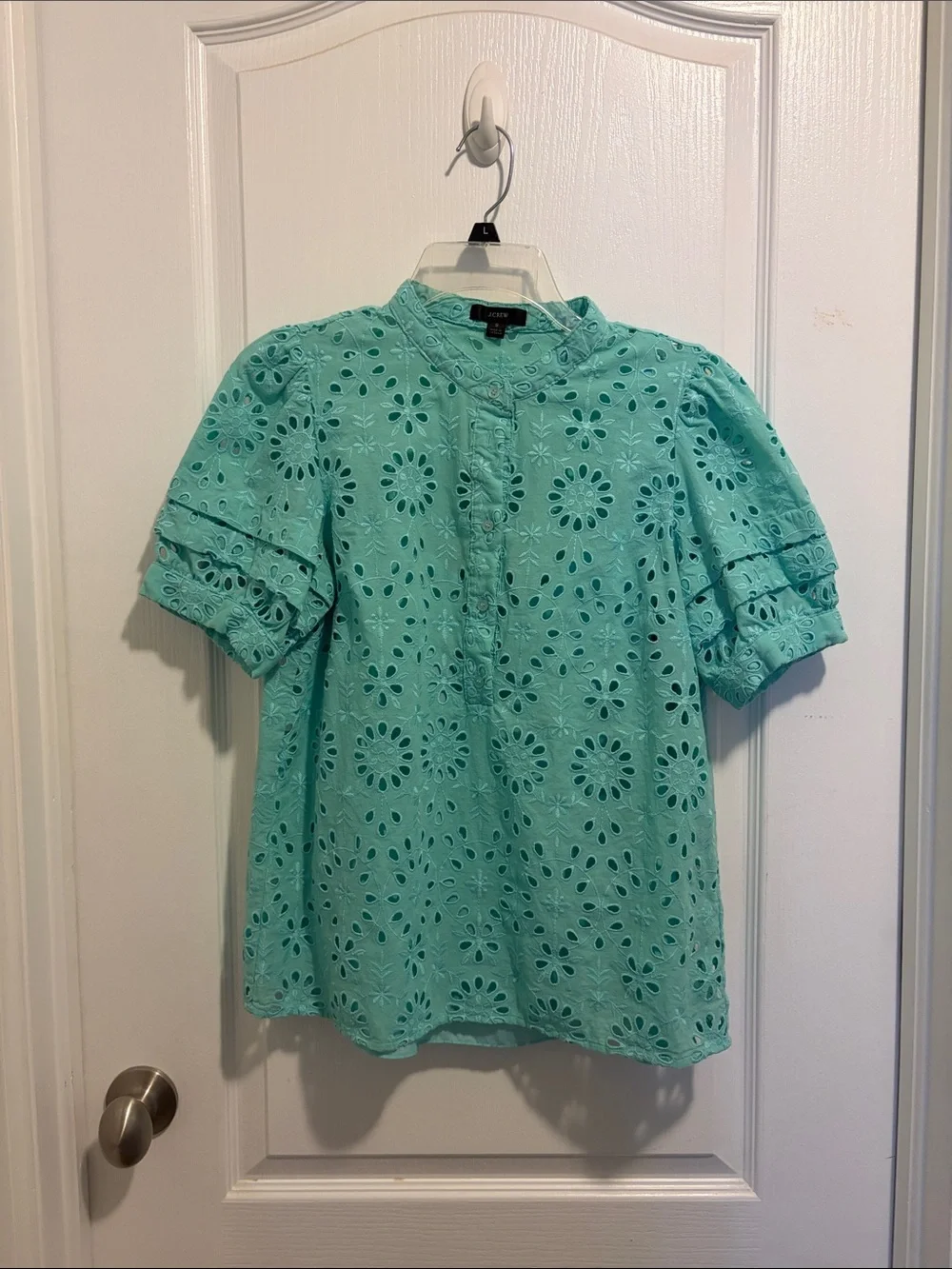J. Crew Mint Eyelet Short Puff Sleeve Blouse
